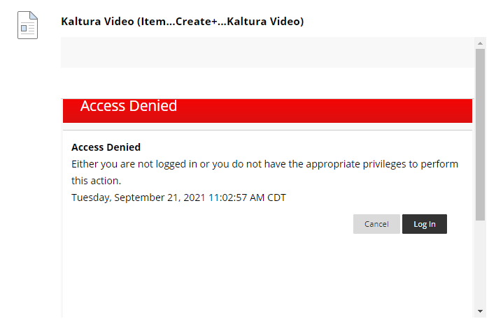 Picture of an error in Kaltura in which a video does not play.